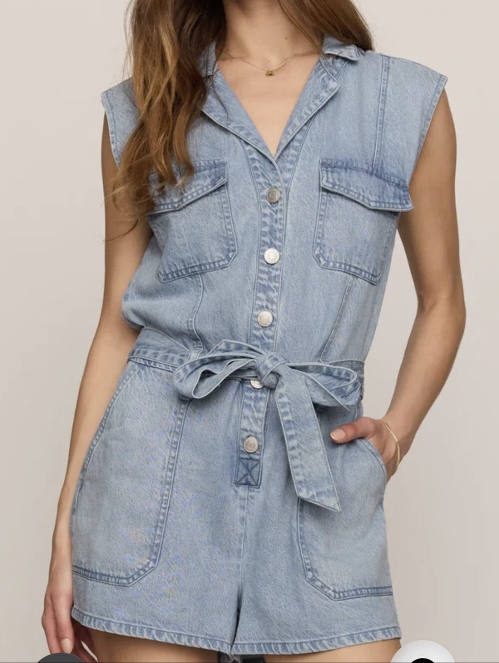 Z Supply Light Blue Sleeveless Denim Romper with Tie Waist - XS